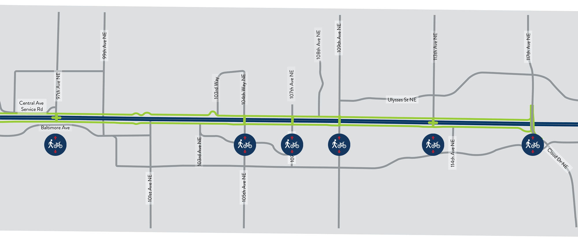 Map of crossings at 97th Ave, 104th Way, 107th AVe, 109th Ave, 113th Ave, and 117th Ave