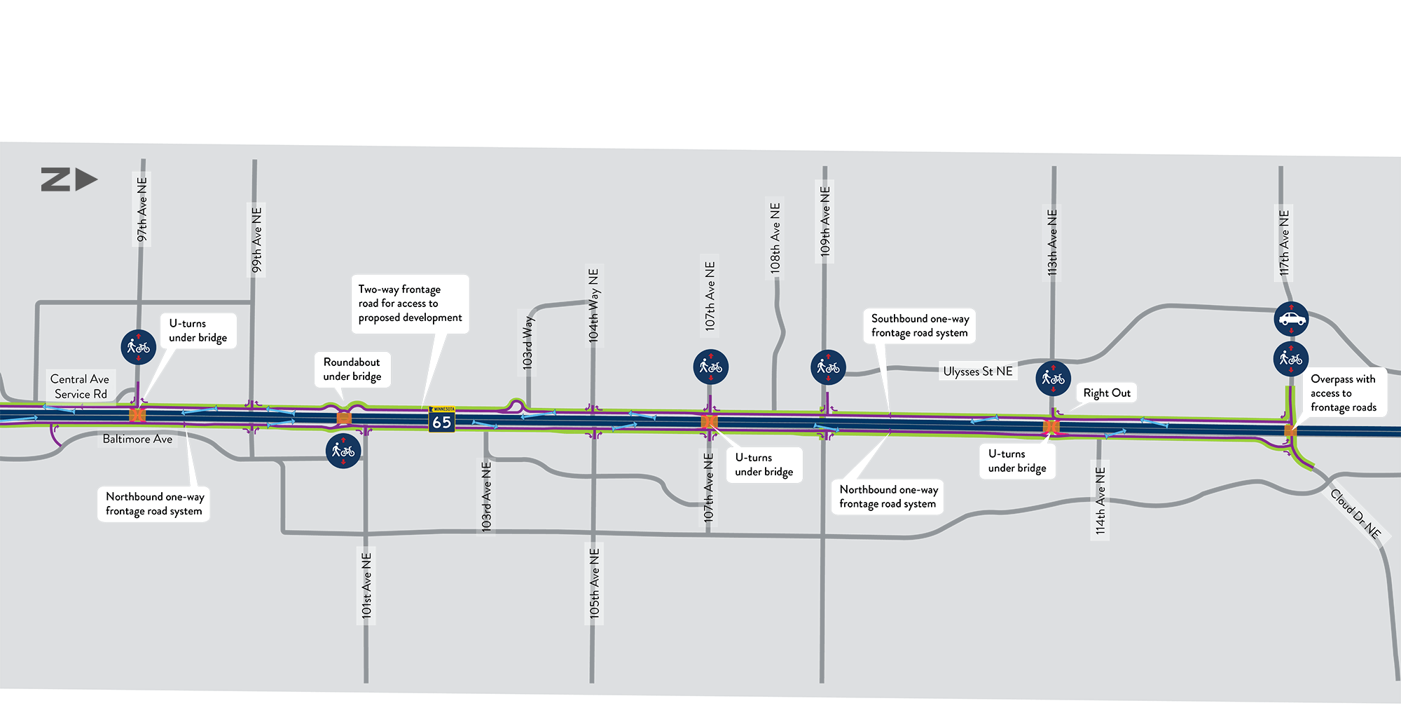 Map showing the Highway 65 corridor