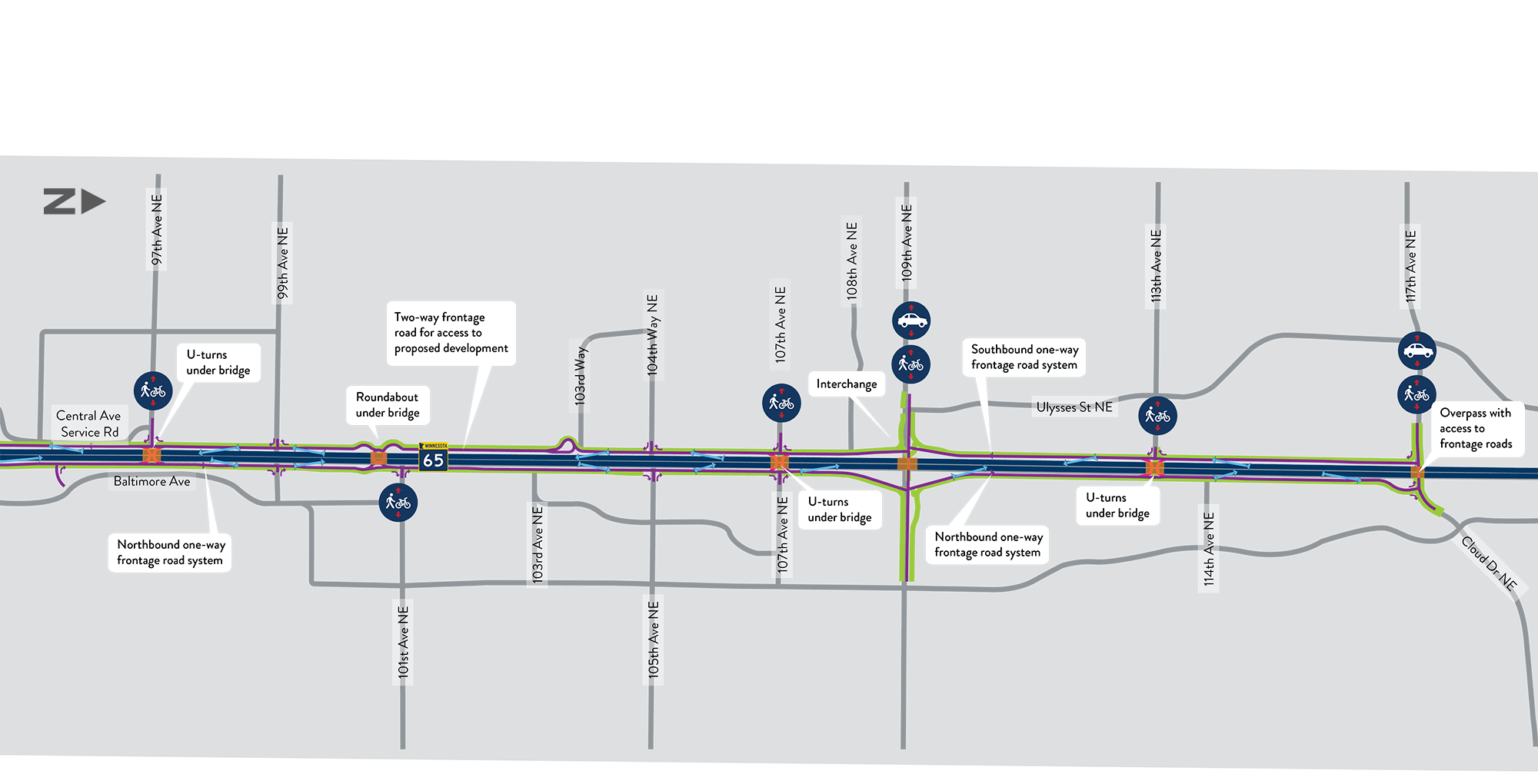 Map showing the Highway 65 corridor