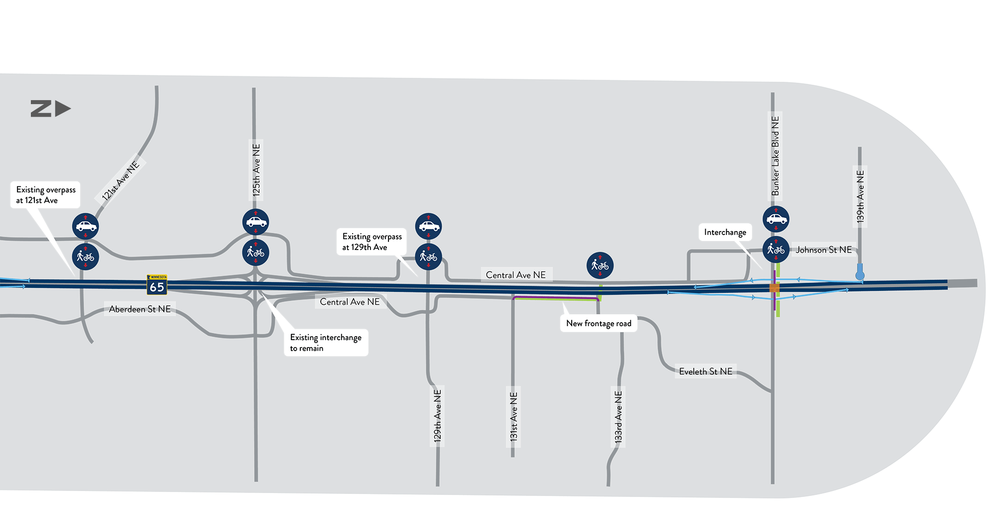 Map showing the Highway 65 corridor